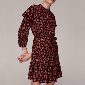 Whistles Black Red Floral Botanical Garden Print Long Sleeve Dress Size 10